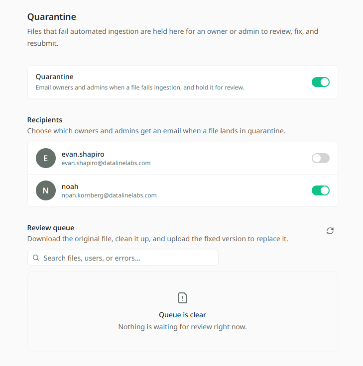 The Quarantine page in Settings: the Quarantine switch turned on at the top, a Recipients list of owners and admins each with their own switch, and a Review queue beneath it with a search box and one held file, showing its name, who uploaded it and the date.