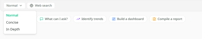 The length menu open beneath the box, showing Normal, Concise and In Depth, with the Web search switch beside it.