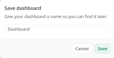 The Save dashboard window with the line Give your dashboard a name so you can find it later, a name box, and Cancel and Save buttons.