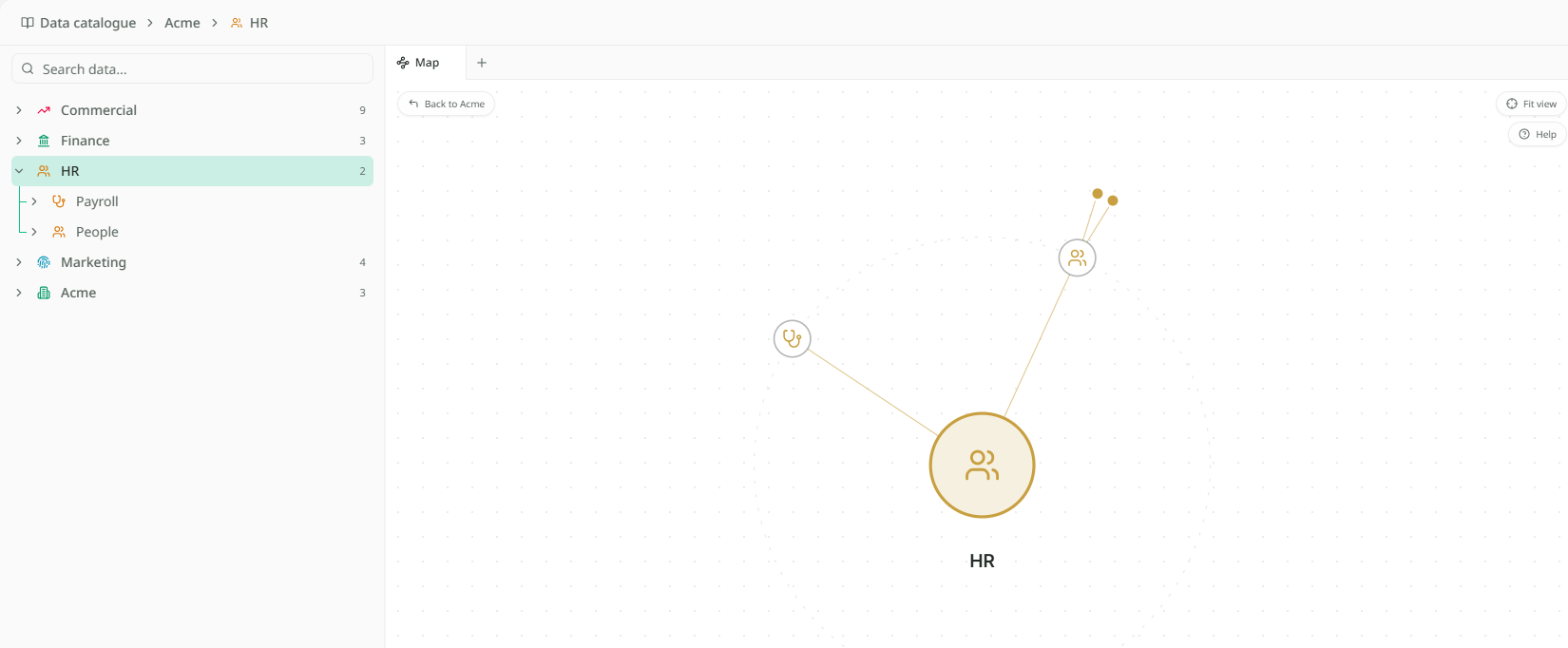 The catalogue with the Sales department chosen: the map re-centred on Sales with its tables around it and the logo of the system feeding it, and the Sales branch open and highlighted in the list on the left.
