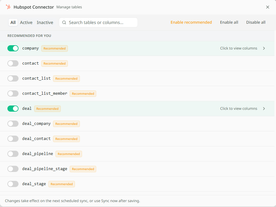 The table selection step for HubSpot: a Recommended for you list with tables such as deals and companies switched on, an All tables list beneath, Enable recommended and Enable all buttons, and a panel at the bottom right reading 4 tables ready with a Start syncing button.