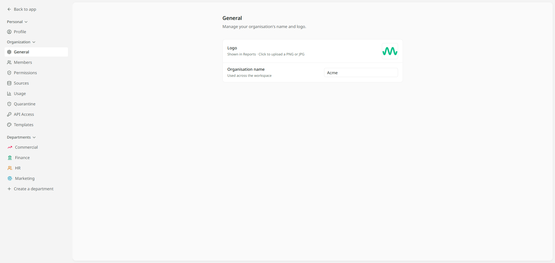 The Settings page for Kestrel Outdoor: down the left, Profile under Personal; General, Members, Permissions, Sources and Usage under Organization; and Finance, Marketing and Sales under Departments with Create a department beneath. On the right, the Sources page with its Add data button at the top right.
